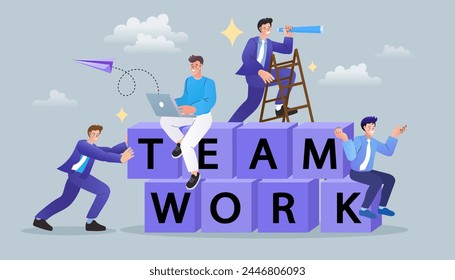 Menschen mit Word Team-Arbeitsfeld. Das Konzept der gemeinsamen Teamarbeit. Arbeitscharakter. Kooperation und Geschäftspartnerschaft. Geschäftsleute, die das Wort "Team" aus Blockwürfeln erschaffen. Vektorillustration.