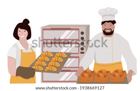 People work in a bakery, characters in kitchen uniforms hold a baking tray with ready-made bread and rolls.  Homemade cakes.  Vector illustration isolated on a white background.