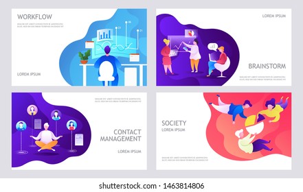 People at work. Brainstorming and data management. Vector set. Templates for slides.