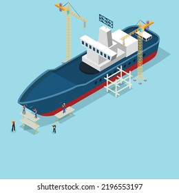 People At Work Building Ship Isometric 3d Vector Illustration Concept For Banner, Website, Illustration, Landing Page, Flyer, Etc.