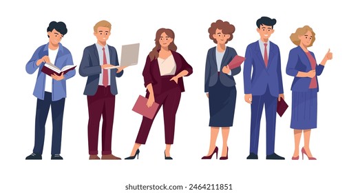 Personas en el trabajo. Empresarios. Hombres y mujeres en trajes de negocios. Conjunto de Imágenes de personas para el diseño de negocios. Resolver problemas de trabajo. vida de oficina. Vector Imagen.