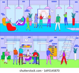 People work in cafe, co working space vector illustration. Cartoon line business man woman group of characters meeting, working on laptop, brainstorming in modern cozy cafeteria interior. Teamwork set