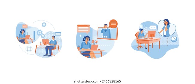 People work in call center. Female hotline operator providing services to clients. Technical support for customers 24-7. Hotline operator concept. Set flat vector illustration.