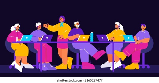 People work in call center, support service together. Vector flat illustration of hotline office operators in headsets sitting at desk with laptops on black background