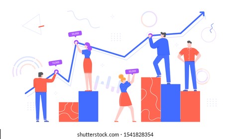 People work with chart data. Office workers statistics, business diagram and team work with chart flat vector illustrations. Business forecast and research. Employee cooperation, teamwork