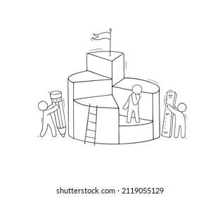 People work with chart with flag on top. Concept of business growth, progress, teamwork challenge for target achievement. Vector hand drawn illustration with team, diagram, stairs and ruler