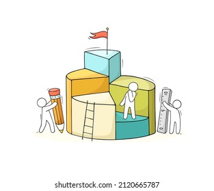 People work with chart with flag on top. Concept of business growth, progress, teamwork challenge for target achievement. Vector hand drawn illustration with team, diagram, stairs and ruler