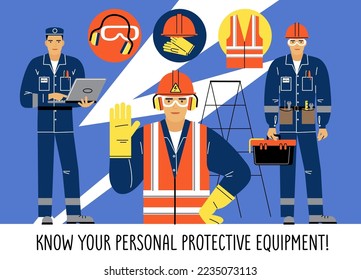 people in work clothes use personal protective equipment. poster, banner with professional workers in production. flat drawing, bright colors. stock vector illustration. EPS 10.