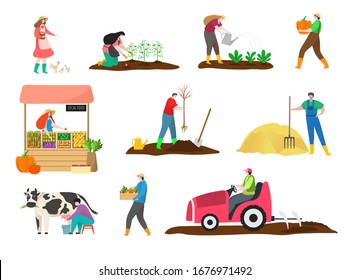 People in work clothes working on farm in hand drawn vector illustration isolated on white. Farmers water plants, milk cow, feed birds, collect fresh useful vegetables, plow with tractor grow tree