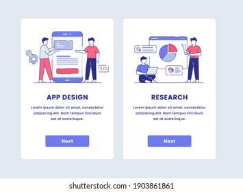 la gente trabaja en colaboración investigación construir el diseño de aplicaciones para smartphone laptop for mobile app apps aplicación con el estilo de contorno plano de dibujos animados