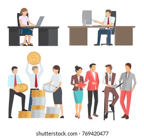 People at work collection of isolated vector illustrations. Man and woman working on computer, discussing new project and holding large golden coins