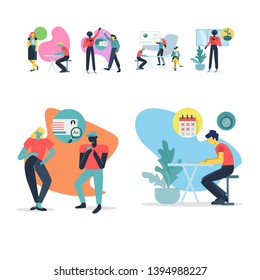 People at work. Collection of office workers in various situations. Business and communication related vector illustrations set in flat modern style.