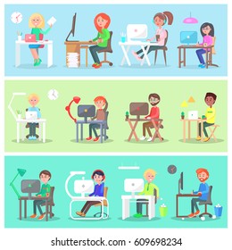 People work in comfortable and cozy offices vector illustration. Set includes characters that work at computer and laptop, in headphones, with cup of coffee, with plant, lamp or stand with stationary.