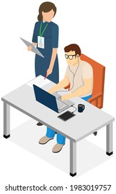 People work in company office. Man sitting and typing on laptop. Female boss standing near employee and controlling process. Director controls work of subordinate. Business team working with computer