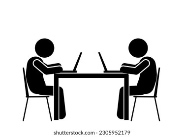 People work at computers and laptop. stick figure and pictogram.