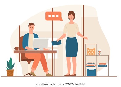People at work concept. Man and woman in office, boss subordinate. Colleagues working on common project, coworking. People working on computer and talking together. Cartoon flat vector illustration