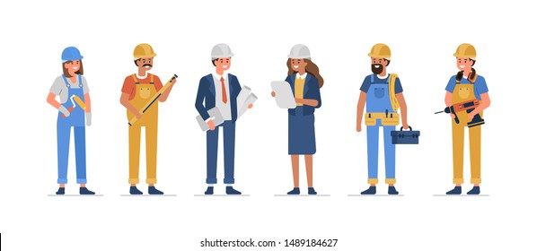 People work in Construction Industry. Architecture Engineers and Builder Workers Standing Together. Male and Female Characters with Professional Tools. Flat Cartoon Vector Illustration isolated.
