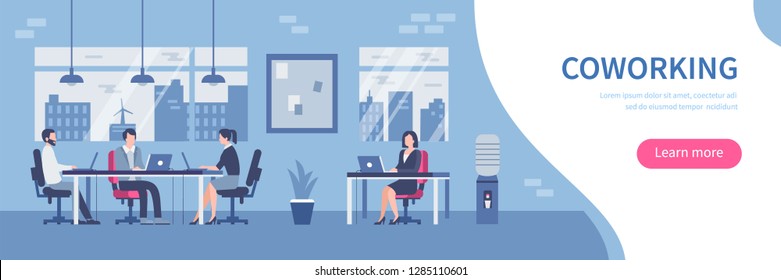 People work in coworking office concept with text place. Flat style vector illustration.