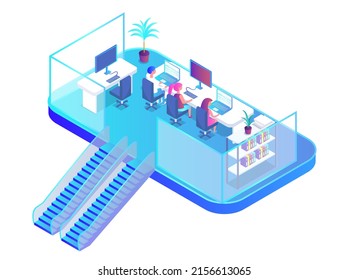 People work in coworking office, modern workspace interior design. Employees workplace, open office, business team with laptops. Workers desks with rolling chairs, computers, corporate center