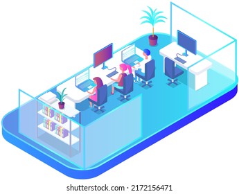 People work in coworking office, modern workspace interior design. Employees workplace, open office, business team with laptops. Workers desks with rolling chairs, computers, corporate center
