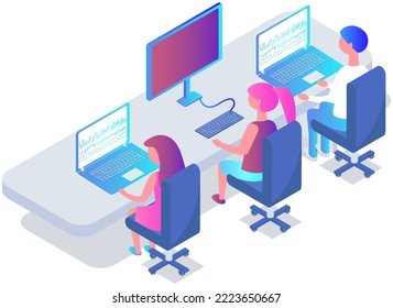 People work in coworking office, modern workspace interior design. Employees workplace, open office, business team with laptops. Workers desks with rolling chairs, computers, corporate center
