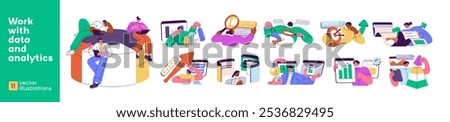 People work with data, analysis set. Workflow of analyst research. Analytics processes, charts. Employees analyze business systems, projects. Flat isolated vector illustrations on white background