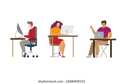 People work at desks using computers in an office setting vector illustration