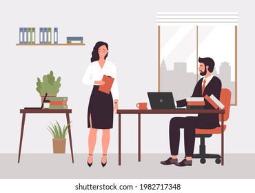 People work in director office of modern company vector illustration. Cartoon corporate boss businessman character sitting at desk with laptop, business lady standing with documents background