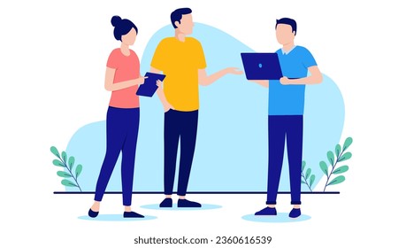 People work discussion - Vector illustration with office people in casual clothes talking with computer and device. Flat design with white background