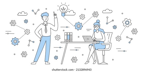 People work and do brainstorm in office. Concept of business idea, teamwork, team meeting. Vector doodle illustration of man and woman with laptop on workplace, light bulb and gears