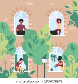 People work, do their daily activities, do yoga in the windows of a multi-story building. Neighbors in their apartment. Spring outside the window. Flat vector illustration