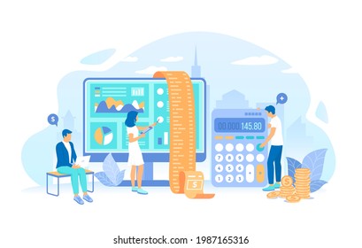 People work with documents, invoice, bill. Calculation, bookkeeping, economic audit, financial analysis, tax accounting, bill payment. Working process, teamwork communication. Vector illustration