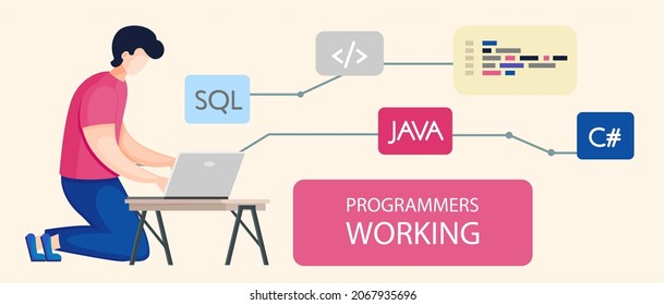 People work in field of cyber security. Programmer working on web development on computer. Concept of script coding and programming in php, python, javascript. Software professional developer