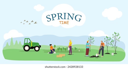 Die Leute arbeiten vor Ort mit einem Traktor. Frühlingsarbeit vor Ort. Männer und Frauen arbeiten im Garten.