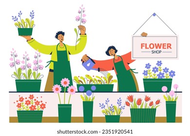 People work at florist shop or store. Woman and man sells flowers. Flower shop with flowers and plants in pots.