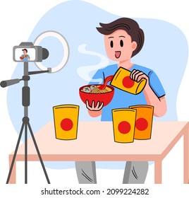 People work as food content creators. He talking and showing food product in front of camera. Flat vector illustration food blogger