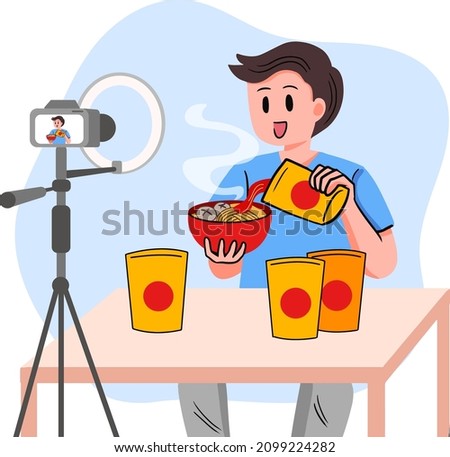 People work as food content creators. He talking and showing food product in front of camera. Flat vector illustration food blogger