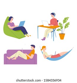 people work as freelancers, work casually and productively, people hold laptops and relax in their own homes, concept of freelancers and remote workers