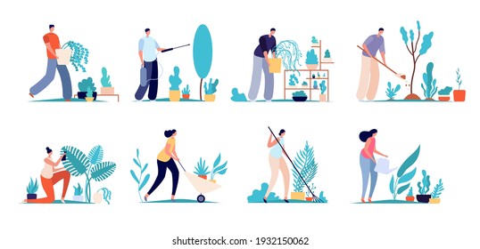 People work in garden. Farm botanists, natural gardening worker characters. Flat agriculture labor, florist care flowers utter vector set