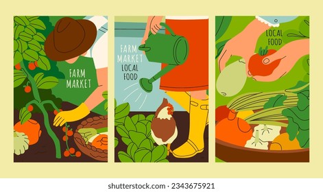 La gente trabaja en el jardín o en la granja. Conjunto de tres ilustraciones de vectores dibujados a mano. Cosecha, comida local, jardinería, trabajo agrícola estacional, concepto de mercado agrícola. Cartel, impresión, plantilla de diseño