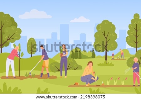 People work in garden, seeding and growth plant. Vector growth plant and growing, gardening concept illustration