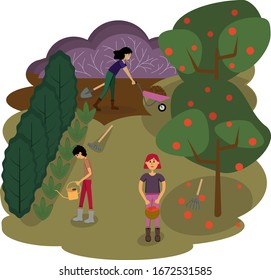 La gente trabaja en el jardín. La gente sonriente recoge fruta en el jardín o en la granja. Una agradable mujer feliz está recogiendo manzanas en el jardín. Una mujer está transportando tierra en una carretilla. 