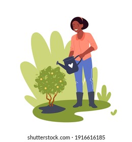 People work in garden vector illustration. Cartoon gardener worker woman character working gardening planting and watering lemon tree with can, cultivation agriculture technology isolated on white