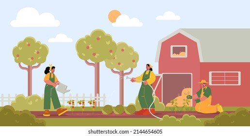 People work in garden in village. Vector flat illustration of farm landscape with agriculture field, barn, fruit trees, and farmers growing plants and watering vegetables with hose