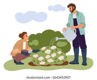 People work in garden. Woman planting flowers. Man with watering can. Agriculture worker. Gardeners growing bush with blossoms. Couple gardening in nature. Farmers care of yard blooms. Vector concept