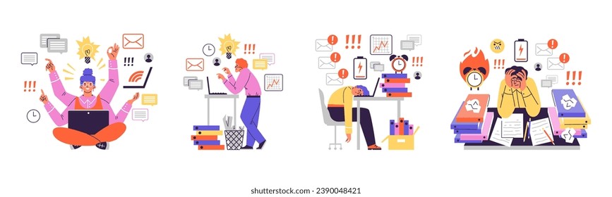 People at work with good and bad time management, flat vector illustration isolated on white background. Happy and excited employees compared to depressed and burned out. Workaholic concept.