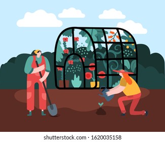 People work in the greenhouse. Bright flowers grow in the greenhouse. Ecology. Natural product. Girls drip and plant plants in summer and spring. Flat simple vector cartoon illustration.