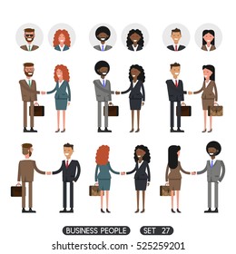 People at work with handshaking on white background. Business people set 27. Avatars