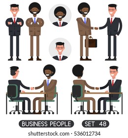 People at work with handshaking on white background. Avatars. Handshake of two businessmen behind a desk Business people set 48.