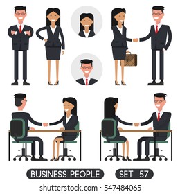 People at work with handshaking on white background. Handshake of  businessmen and businesswoman behind a desk. Business people set.